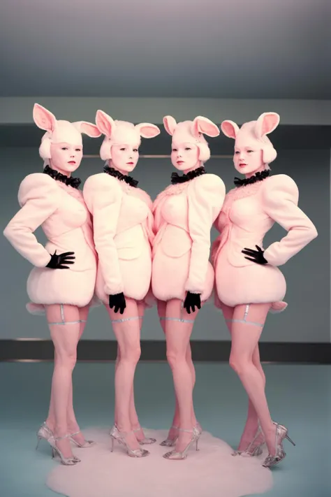 a group of women dressed in bunny suits posing for a picture ,  professional photography