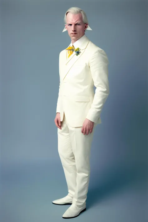 a man in a white suit and tie standing on a yellow and blue background ,  professional photography