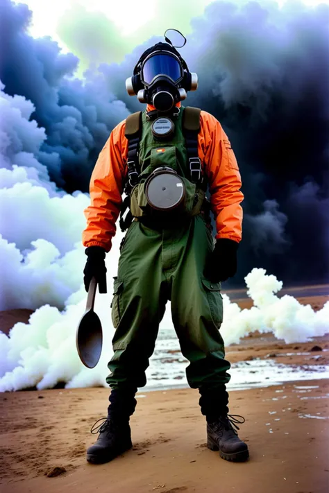 a man in a gas mask and gloves holding a shovel ,  professional photography