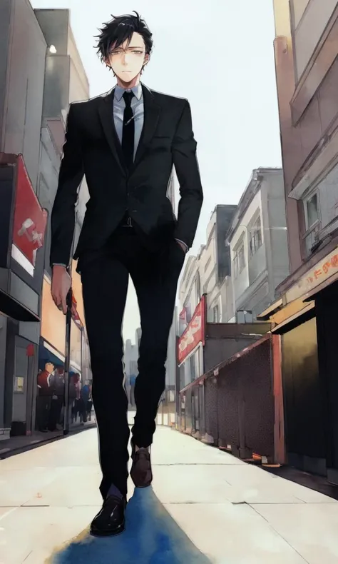 amanoakira2023, 1boy, 8k, uhd, trending on arstation, award winning art, best quality, masterpiece, watercolor \(medium\), white background, walking in city, black suit, tie, black hair, simplistic,