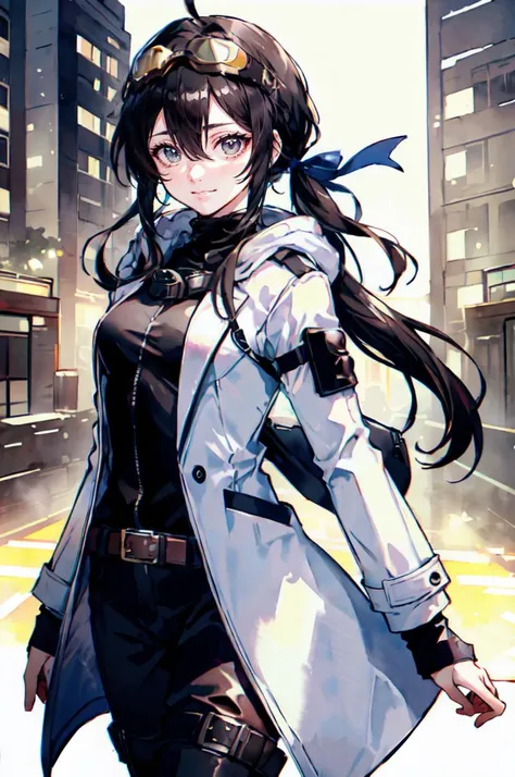 cowboy shot, dynamic pose, illustration, <lora:amanoakira2023:0.7> amanoakira2023, (watercolor \(medium\):1.3), bangs, black coat,, ultra detailed, masterpiece, best quality,, solo, soft smile, light smile, 1girl, aqua eyes, black hair, <lora:low_ponytail-1.0:0.95> low ponytail, ahoge, absurdly long hair, very long hair, (hair flaps:1.2), flipped hair, hair between eyes, bangs, messy hair, small breasts, (goggles on head:1.2),, hooded coat, open coat, turtleneck, capri pants, black knee boots, multiple straps, white coat, layered clothes, hair ribbon,