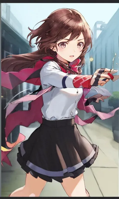 amanoakira2023, 1girl using magic powers, brown hair, action shot, vibrant colors, 8k, uhd, trending on arstation, best quality, masterpiece, watercolor \(medium\)