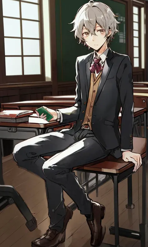 amanoakira2023, youn man sitting in school, 8k, uhd, trending on arstation, best quality, masterpiece, watercolor \(medium\),