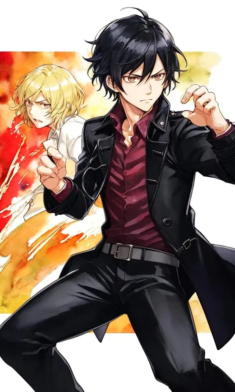 amanoakira2023, 1man, black hair, black trench coat, action shot, vibrant colors, 8k, uhd, trending on arstation, best quality, masterpiece, watercolor \(medium\), 5 fingers, fighting stance