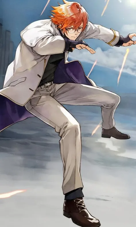 amanoakira2023, 1man, orange hair, white trench coat, glasses, action shot, vibrant colors, 8k, uhd, trending on arstation, best quality, masterpiece, watercolor \(medium\), 5 fingers, fighting stance, clenched hand,full body,
