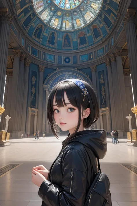 1girl, colorful Digital artwork, Folk Art, (dark indigo theme:0.7) , landscape of a Rusticcore Cyberpunk ([The Shroud of Turin:Hagatna:3]:1.3) from inside of a St. Peter's Basilica, crowded nature and city, Winter, Fantasy, Direct light, telephoto lens, Desaturated, Batik, Light streaks, extremely detailed CG Unity 8k wallpaper, trending on artstation, (messy art by Jason Middlebrook:1.1)
