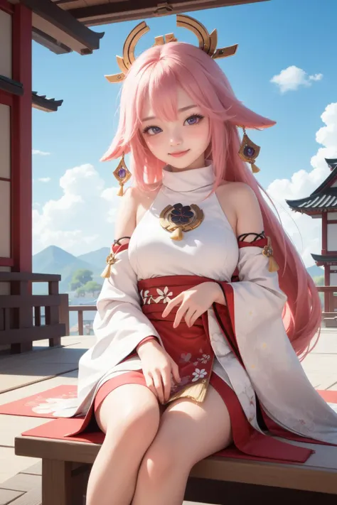 Masterpiece, best quality, 1girl, blue sky, cloud trail, warm, looking at viewer, seductive smile, blush, temple, yaemikodef, <lora:yaemiko1:0.9>