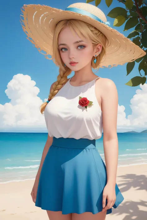 1girl, Dragonite, gemstone brooch, Sporting outfit, divided skirt, and straw hat, Maven, Short, Toned, Oval Face, Olive Skin, Honey Blonde Hair, Blue Eyes, Narrow Nose, Pouty Lips, Round Chin, Shoulder-Length Hair, Straight Hair, Double Braided Crown, saggy breasts, Stud earrings, rose sheer lipstick, masterpiece, best quality, high resolution, perfect composition, realistic proportions, ultra sharp, perfect shadows, highly detailed, photorealistic, high realism