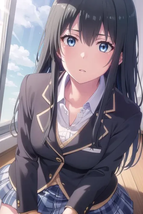 yukinoyukinoshita, <lora:yukino yukinoshita s2s3-lora-nochekaiser:1>,
yukino yukinoshita, black hair, blue eyes, long hair, ahoge, (small breast:1.2),
BREAK blazer, cardigan, jacket, plaid, plaid skirt, school uniform, skirt, sobu high school uniform,
BREAK indoors, classroom,
BREAK looking at viewer, (cowboy shot:1.5),
BREAK <lyco:GoodHands-beta2:1>, (masterpiece:1.2), best quality, high resolution, unity 8k wallpaper, (illustration:0.8), (beautiful detailed eyes:1.6), extremely detailed face, perfect lighting, extremely detailed CG, (perfect hands, perfect anatomy),
