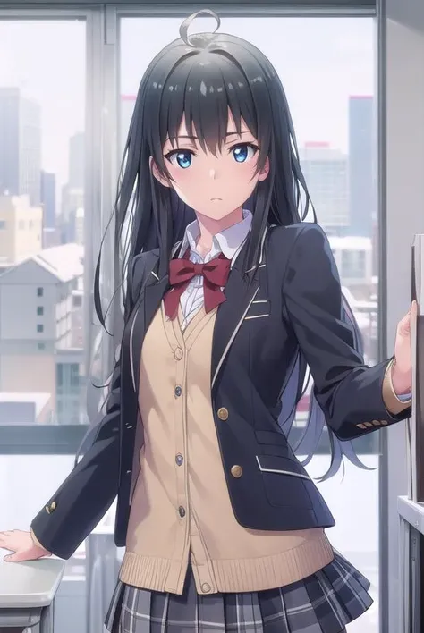 yukinoyukinoshita, <lora:yukino yukinoshita s2s3-lora-nochekaiser:1>,
yukino yukinoshita, black hair, blue eyes, long hair, ahoge, (small breast:1.2),
BREAK blazer, cardigan, jacket, plaid, plaid skirt, school uniform, skirt, sobu high school uniform,
BREAK indoors, classroom,
BREAK looking at viewer, (cowboy shot:1.5),
BREAK <lyco:GoodHands-beta2:1>, (masterpiece:1.2), best quality, high resolution, unity 8k wallpaper, (illustration:0.8), (beautiful detailed eyes:1.6), extremely detailed face, perfect lighting, extremely detailed CG, (perfect hands, perfect anatomy),