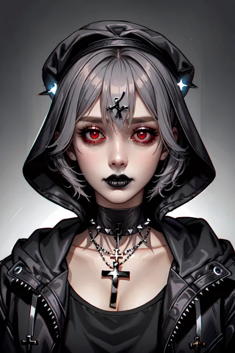 Virtual_Realism, 1girl, black choker, gothic, zombie vibes, black lips, choker, collar, cross, cross necklace, grey hair, hair ornament, hairclip, hat, hood, inverted cross, jacket, jewelry, lipstick, looking at viewer, makeup, medium hair, necklace, red eyes, shirt, short hair, solo, spiked collar, spikes, upper body, glowing, horror theme, liminal, <lora:Virtual_Realism:0.8>