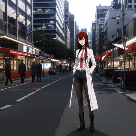 <lora:KurisuMakise001:0.6>,<lora:add_detail:0.5>,
KurisuMakise,1girl,solo,
long hair,
red hair,
blue eyes,
labcoat,
collared shirt,red necktie,
black shorts,
black pantyhose,
black footwear,boots,city,