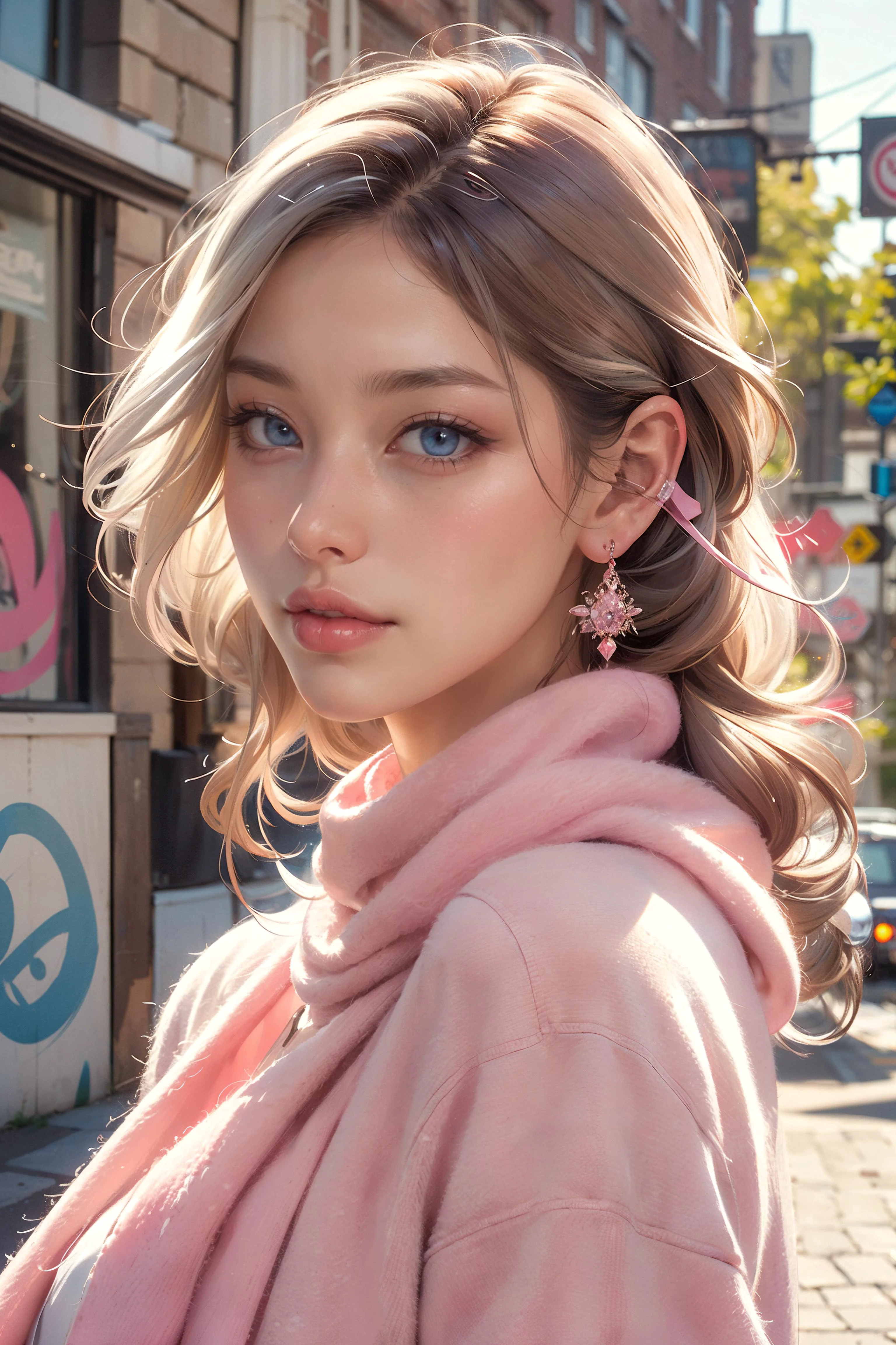 <(masterpiece, realistic:1.3), (extremely intricate:1.2)>, (photorealistic:1.4), (extremely delicate), (ultra realistic:1.3), (cowboy shot:1.2), (modelshoot style), hyperrealistic photography, extremely detailed CG unity 8k wallpaper, UHD, HDR, RAW photo, dslr, hyperrealistic 3d render,
Build a stunning, highly detailed masterpiece, ( wearing Fuzzy earmuffs fluffy scarf ), Duchess, Short, Lean, Round Face, Fair Skin, Gray Hair, pink Eyes, Short Nose, Pouty Lips, Receding Chin, Long Hair, Straight Hair, Long Curly Hair, saggy breasts, Clip-on earrings, hot pink cream lipstick, Graffiti, engaging, Distortion,
<lora:sxz-style-niji:0.4>