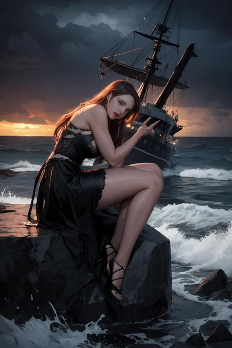 (a beautiful woman) singing, sitting on jagged rocks in the stormy ocean. (a ship) crashes violently into the rocks. cinematic lighting, volumetric light. stormclouds. dark sky. detailed face, intricate eyes.