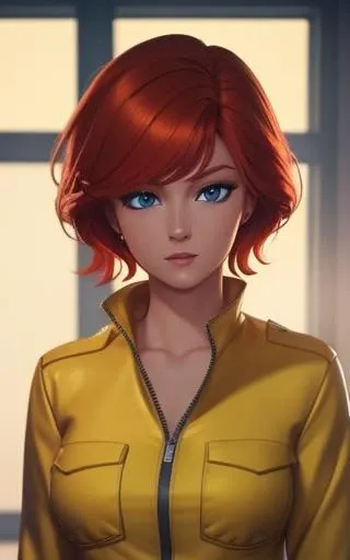 aprnil, a woman in yellow jumpsuit holding a video camera, short red hair, 8k, unreal engine, octane render, by kyun, gamang, Yoon Gon-Ji, g.ho, gosonjak, shuroop, serious, domi, noah, trending on pixiv, fanbox, skeb, masterpiece, detailed face, smooth soft skin, big dreamy eyes, beautiful intricate colored hair, symmetrical, anime wide eyes, soft lighting, concept art, digital painting, <lora:aprnil:0.4>