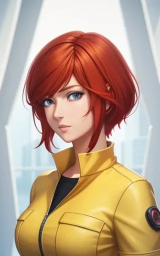 anime, aprnil, a woman in yellow jumpsuit holding a video camera, short red hair, 8k, unreal engine, octane render, by kyun, gamang, Yoon Gon-Ji, g.ho, gosonjak, shuroop, serious, domi, noah, trending on pixiv, fanbox, skeb, masterpiece, detailed face, smooth soft skin, big dreamy eyes, beautiful intricate colored hair, symmetrical, anime wide eyes, soft lighting, concept art, digital painting, <lora:aprnil:0.4>