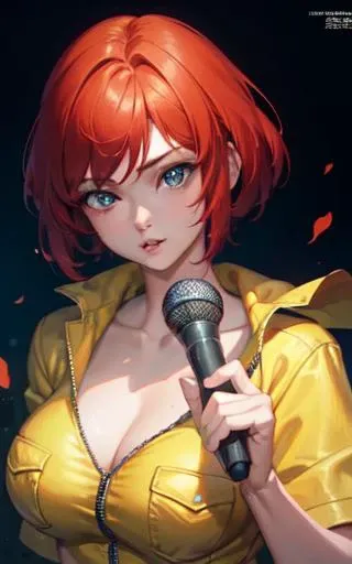 aprnil, a woman in yellow jumpsuit holding a microphone, short red hair, 8k, unreal engine, octane render, by kyun, gamang, Yoon Gon-Ji, g.ho, gosonjak, shuroop, serious, domi, noah, trending on pixiv, fanbox, skeb, masterpiece, detailed face, smooth soft skin, big dreamy eyes, beautiful intricate colored hair, symmetrical, anime wide eyes, soft lighting, concept art, digital painting, <lora:aprnil:0.4>