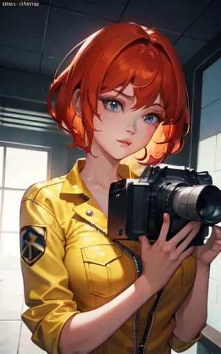 aprnil, a woman in yellow jumpsuit holding a video camera, short red hair, 8k, unreal engine, octane render, by kyun, gamang, Yoon Gon-Ji, g.ho, gosonjak, shuroop, serious, domi, noah, trending on pixiv, fanbox, skeb, masterpiece, detailed face, smooth soft skin, big dreamy eyes, beautiful intricate colored hair, symmetrical, anime wide eyes, soft lighting, concept art, digital painting, <lora:aprnil:0.4>