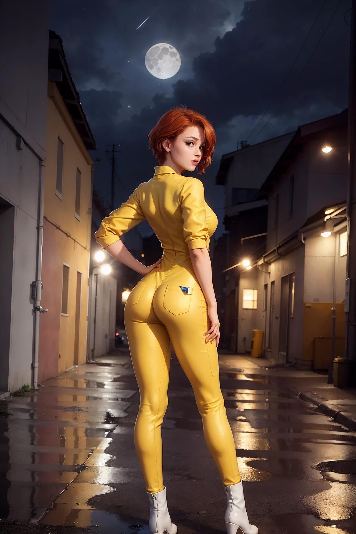 <lora:aprnil:0.4> , aprnil, (a woman in yellow jumpsuit, one-piece jumpsuit), short red hair, white boots, sleeves rolled up, (photorealistic:1.4, masterpiece, sidelighting, full body), standing with back, full length, from very below, detailed background, focus on ass, outside, industrial zone background, narrow street, night, puddles on asphalt, reflection, small moon in sky, starry, after rain