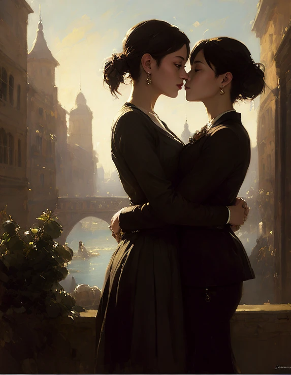 modelshoot style, (extremely detailed CG unity 8k wallpaper), full shot body photo of the most beautiful artwork in the world, IUkpop, 2girls, pretty, (yuri), couple, face-to-face, imminent kiss, beautiful ((gothic city)), professional majestic impressionism oil painting by Waterhouse, John Constable, Ed Blinkey, Atey Ghailan, Studio Ghibli, by Jeremy Mann, Greg Manchess, Antonio Moro, trending on ArtStation, trending on CGSociety, Intricate, High Detail, dramatic, makoto shinkai kyoto, trending on artstation, trending on CGsociety, <lora:gothicNoir_gothicNoir:0.7>, <hypernet:desolation_desolation2:0.6>
