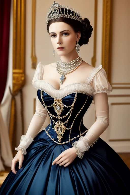 A stunning color portrait photograph of a beautiful woman Style-Princess:0.9 in a victorian era castle, a crown on her head, highly detailed <lora:gothicNoir_gothicNoir:0.1>