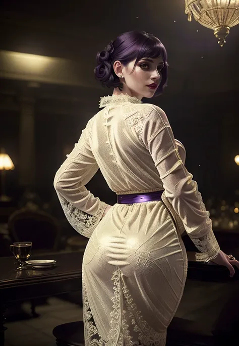 hyperealistic photo, intricate, ((desaturated)), (low contrast), (nsfw), (ismail inceoglu), soft lighting, light particles, a pretty woman, (high detail:1.1) body, big hips, narrow waist, flowing (purple wizard robe by Prada:1.2), (fur trim:1.1), (intricate lace:1.2), high heels, by Alyssa Monks (Antoine Blanchard Bastien Lecouffe-Deharme Bill Gekas:1.1) (Carne Griffiths:0.9) (anna dittmann:1.3), (pastels:1.1) black choker, purple hair, short hair, bob cut, perfect face, perfect eyes, beautiful detailed face, purple eyes, detailed lips, (pale skinned female), outside, city streets, night, neon lights, detailed lighting, beautiful detailed glow, shiny hair, ass, ((from behind)), ((looking behind at you)), (round ass), ass focus, seductive expression, elegant, detailed lighting, beautiful detailed glow, soft lighting, beautiful decorations, dynamic angle, confident, dominant, dark theme, night, <lora:gothicNoir_gothicNoir:0.6>, <hypernet:desolation_desolation2:0.3>