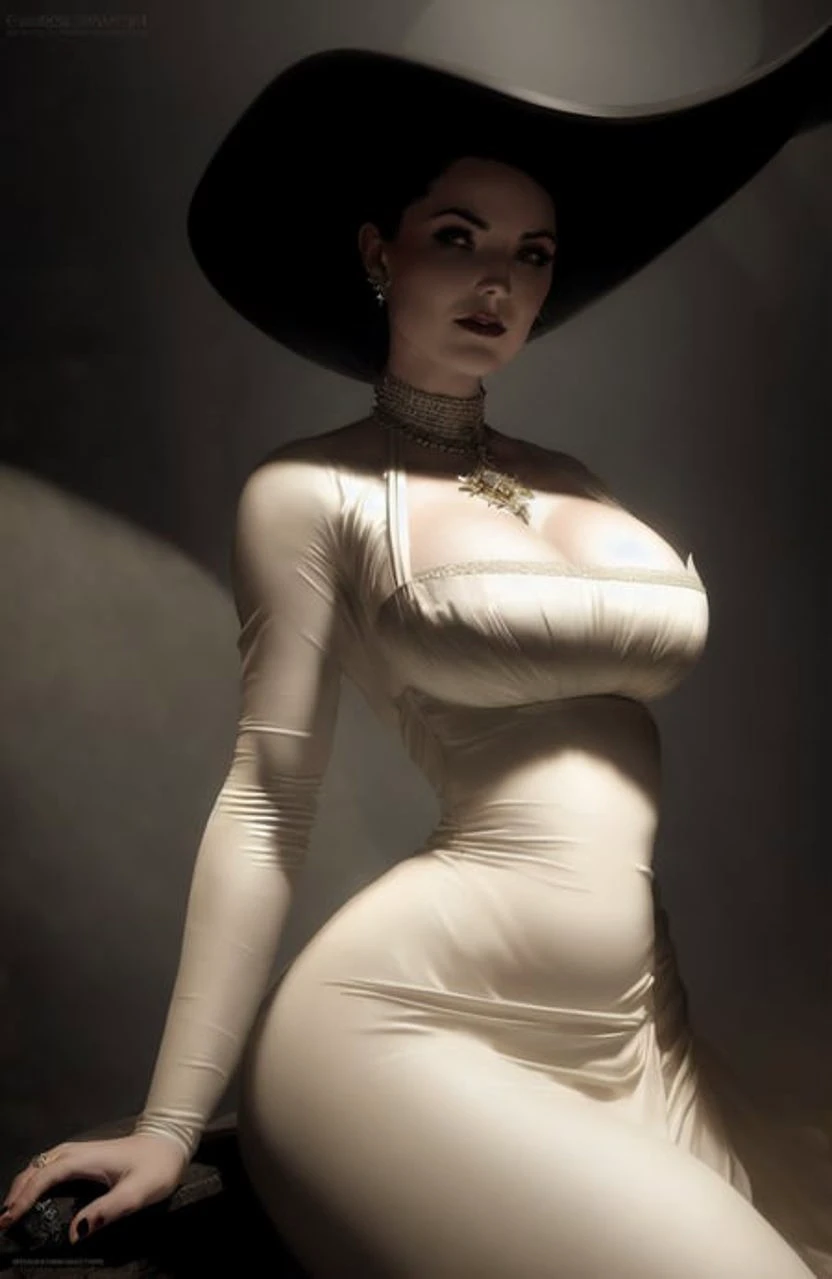 award winning photo of a beautiful woman, in a dark stone dungeon with large breasts and big hips, backlit, undercut hairstyle, digital painting, concept art, smooth, sharp focus, rule of thirds, dark fantasy,intricate details, art by aleksi briclot and Greg Rutkowski<hypernet:SamArt:0.02>, stockings, stockings <lora:LadyDim:1>, white dress, black wide brim hat