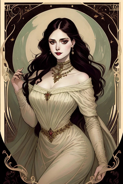 <lora:gothicNoirStyle:0.5>, dawnver95125-1500 with long red hair and green eyes, eyeliner, wearing black dress, intricate, elegant, highly detailed, digital painting, artstation, concept art, smooth, sharp focus, illustration, art Krenz Cushart and Artem Demura and alphonse mucha, Style-Empire