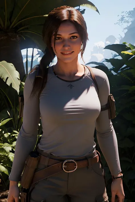 hdr, lara croft, ponytail, looking at viewer, smiling, cowboy shot, <lora:ROTTR_Lara Croft:.6>
wearing grey long sleeve shirt, cargo pants, holster, belt,
outside, jungle, temple, wonderous ambiance, bounce lighting, extremely detailed,