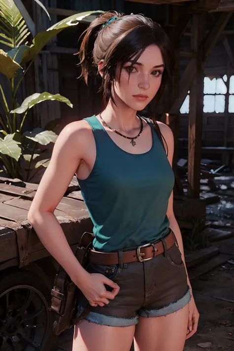 masterpiece,best quality,highres,<lora:ROTTR_Lara Croft:0.75>,1girls,solo,a photo of rottr_lracrft woman,cowboy shot,looking at viewer,game cg,ponytail,wearing teal tanktop,brown shorts,holster,belt,boots,old ruins,jungle,