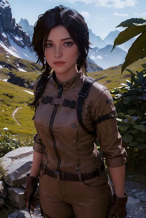 masterpiece,best quality,highres,<lora:ROTTR_Lara Croft:0.75>,1girls,solo,a photo of rottr_lracrft woman,cowboy shot,looking at viewer,game cg,Mountaineering suit,mountain,jungle,