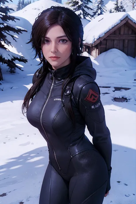 masterpiece,best quality,highres,<lora:ROTTR_Lara Croft:0.75>,1girls,solo,a photo of rottr_lracrft woman,cowboy shot,looking at viewer,game cg,Snow suits,mountain,dynamic pose,