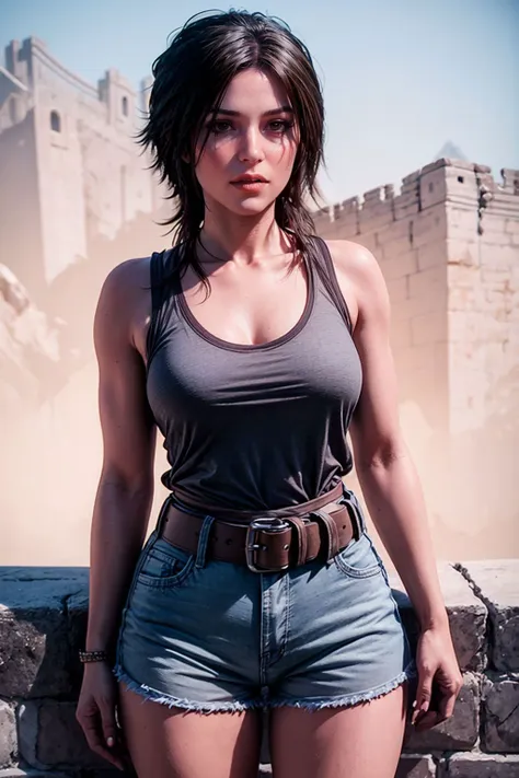 a professional photo of rottr_lracrft woman, wearing a very long v neck  sleeveless grey shirt, long cotton shorts, tactical belts around thighs, dynamic standing  pose in the great wall of china sunbathing, ((extremely detailed skin)), (perfect eyes), (((perfect hands))), (curvy hips:0.8), (filmic lighting), (desaturated:1.08), 8k, dslr, (bokeh), ultra high res   <lora:add_detail_v5:1> <lora:ROTTR_Lara Croft:0.75> <lora:LowRA:-0.5>