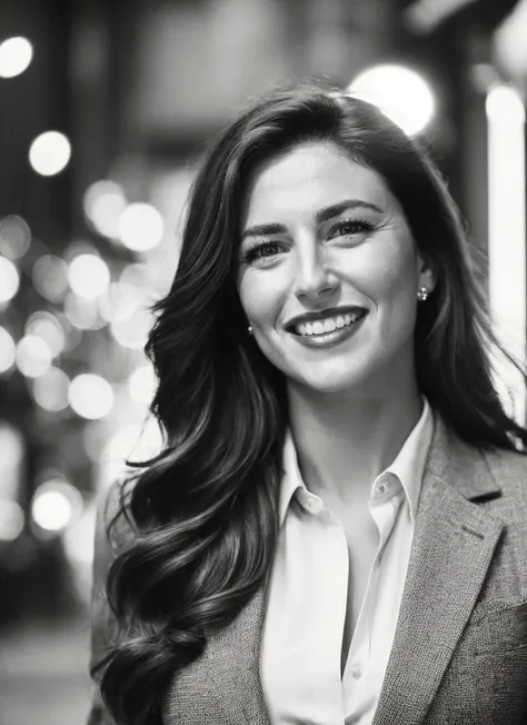 candid RAW close up portrait photo of sks woman in a purple colored suit on a dark street with shopping windows (at night:1.2), bokeh, Ilford Delta 3200 film, dof, high definition, beautiful smile, happy, detailed, intricate, flashlight, gorgeous young woman, perfect teeth, dentistry <lyco:ClaudiaBlack_v1:1.0>