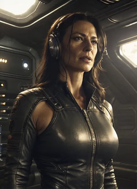 close up photo of sks woman, rugged space trucker, inside industrial spaceship, futuristic science fiction, action scene, digital concept art, realistic, intricate detailed textures, filmic, cinematic, environmental character portrait, <lora:locon_claudiablack_v1_from_v1_64_32:1.25>
