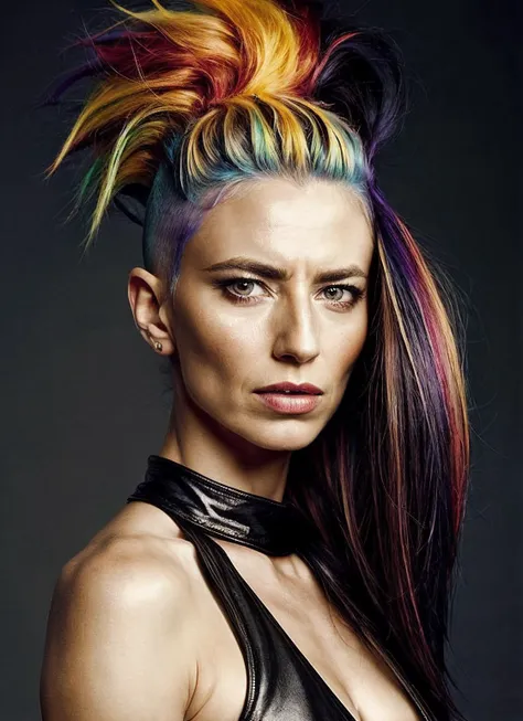 portrait of sks woman by Flora Borsi, style by Flora Borsi, bold, bright colours, rainbow Mohawk haircut, ((Flora Borsi)), <lora:locon_claudiablack_v1_from_v1_64_32:1.25>