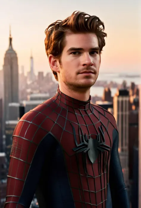 (Andrew Russell Garfield in a spider-man suit:1.5), ((opened face, standing at the New York roofs, sunrise on background)), shallow depth of field, highly detailed, best quality, photorealistic, epic, gorgeous, film grain, masterpiece, extremely detailed, best quality, trending on artstation, realistic, raw photo, detailed face and eyes
<lora:Spider-Man:1> <lora:hairdetailer:0.4> <lora:ReaLora:0.4> <lora:GoodHands-vanilla-000020:0.5>