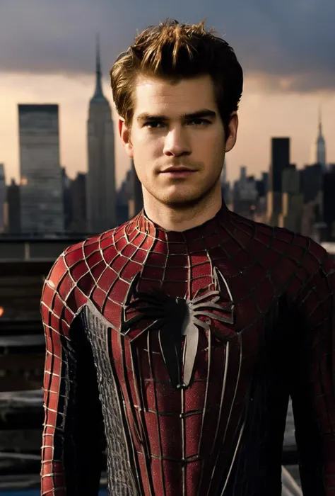 (Andrew Russell Garfield in a spider-man suit from Amazing Spider-Man 2 film:1.5), ((opened face, standing at the New York roofs, sunrise on background)), shallow depth of field, highly detailed, best quality, photorealistic, epic, gorgeous, film grain, masterpiece, extremely detailed, best quality, trending on artstation, realistic, raw photo, detailed face and eyes, ((spider logo on center of chest)), (((full body portrait, black and red color of suit)))
<lora:Spider-Man:1> <lora:hairdetailer:0.4> <lora:ReaLora:0.4> <lora:GoodHands-vanilla-000020:0.5> <lora:detailed_eye_V2:1>