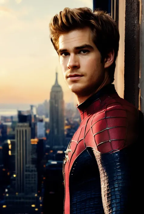 (Andrew Russell Garfield in a spider-man suit from Amazing Spider-Man 2 film:1.5), ((opened face, standing at the New York roofs, sunrise on background)), shallow depth of field, highly detailed, best quality, photorealistic, epic, gorgeous, film grain, masterpiece, extremely detailed, best quality, trending on artstation, realistic, raw photo, detailed face and eyes, ((spider logo on center of chest)), upper body portrait, black and red suit
<lora:Spider-Man:1> <lora:hairdetailer:0.4> <lora:ReaLora:0.4> <lora:GoodHands-vanilla-000020:0.5> <lora:detailed_eye_V2:1>