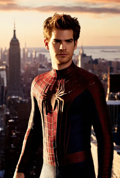 (Andrew Russell Garfield in a spider-man suit from Amazing Spider-Man 2 film:1.5), ((opened face, standing at the New York roofs, sunrise on background)), shallow depth of field, highly detailed, best quality, photorealistic, epic, gorgeous, film grain, masterpiece, extremely detailed, best quality, trending on artstation, realistic, raw photo, detailed face and eyes, ((spider logo on center of chest))
<lora:Spider-Man:1> <lora:hairdetailer:0.4> <lora:ReaLora:0.4> <lora:GoodHands-vanilla-000020:0.5> <lora:detailed_eye_V2:1>