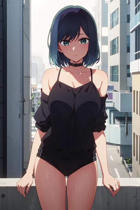 tall body, tall, long legs, mature female, mature, adult, simple background eft_vermeil, 1girl, solo, breasts, dress, turtleneck dress, purple hair, black dress, red eyes, large breasts, sleeveless, smile, medium hair, looking at viewer, sleeveless dress, outdoors, hair between eyes, turtleneck, bare shoulders, short dress, short hair, blue hair, multicolored hair, standing, bangs, closed mouth