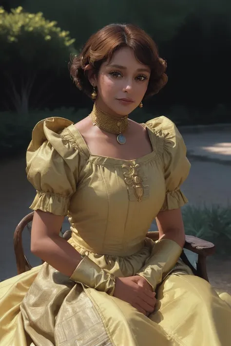 closeup of lcmndz wearing a [golden] colonial dress, colonial mexico outdoors, smug expression, short hairdo, realistic, <lora:LcMndz_v1_5_locon_64_64:1>