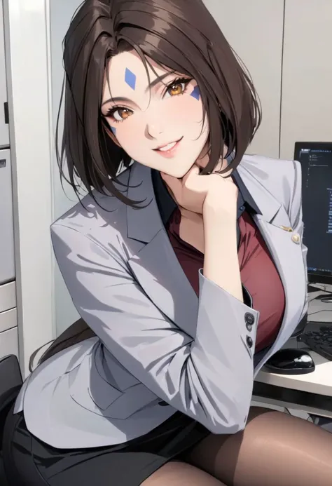 Peorth, bob cut with low ponytail, 1girl, solo, brown eyes, smile, large breasts, blazer, shirt, pencil skirt, pantyhose, office lady, office, high heels, indoors, portrait, upper body,  (high resolution), ((masterpiece)), (highest quality), 4k wallpaper, detailed face, beautiful eyes, detailed eyes