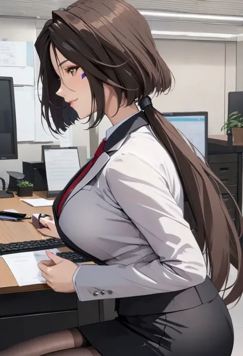 Peorth, bob cut with low ponytail, 1girl, solo, brown eyes, smile, large breasts, blazer, shirt, pencil skirt, pantyhose, office lady, office, high heels, indoors, profile, upper body,  (high resolution), ((masterpiece)), (highest quality), 4k wallpaper, detailed face, beautiful eyes, detailed eyes