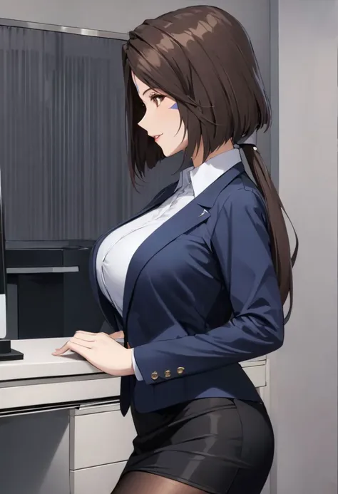 Peorth, bob cut with low ponytail, 1girl, solo, brown eyes, smile, large breasts, blazer, shirt, pencil skirt, pantyhose, office lady, office, high heels, indoors, profile, upper body,  (high resolution), ((masterpiece)), (highest quality), 4k wallpaper, detailed face, beautiful eyes, detailed eyes