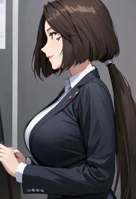 Peorth, bob cut with low ponytail, 1girl, solo, brown eyes, smile, large breasts, blazer, shirt, pencil skirt, pantyhose, office lady, office, high heels, indoors, profile, upper body,  (high resolution), ((masterpiece)), (highest quality), 4k wallpaper, detailed face, beautiful eyes, detailed eyes