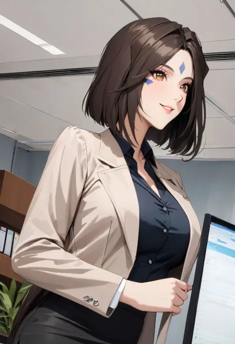 Peorth, bob cut with low ponytail, 1girl, solo, brown eyes, smile, large breasts, blazer, shirt, pencil skirt, pantyhose, office lady, office, high heels, indoors, portrait, upper body,  (high resolution), ((masterpiece)), (highest quality), 4k wallpaper, detailed face, beautiful eyes, detailed eyes