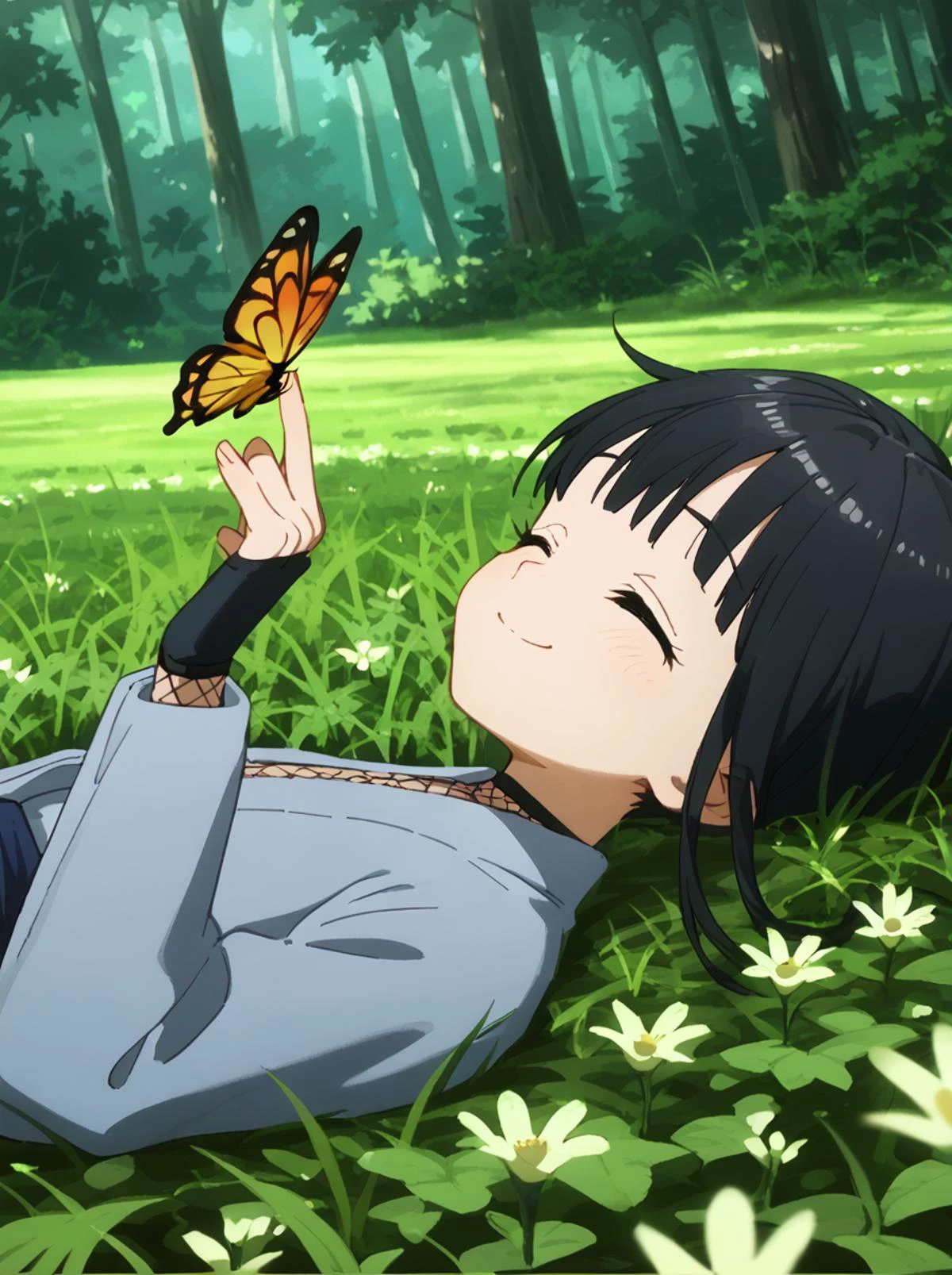 score 9, score 8 up, score 7 up, rating questionable,
detailed background,
<lora:mokuren.pony:1>,
mokuren,
lying, on back, from side, closed eyes, smile, butterfly, glitters, butterfly on finger, happy, forest, grass field, light blush,