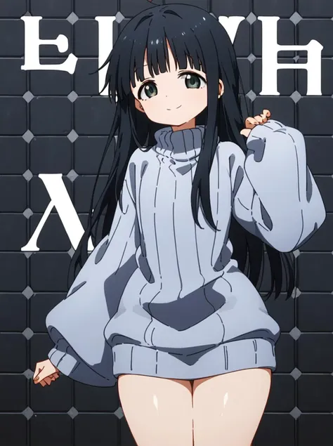 (score_9, score_8_superior, score_7_superior), One girl, VirtuosaBase, cute, (Little:0.7), Black Hair, Blunt bangs, Long Hair, Broken Halo, Energy Wing, Iris, Mole under right eye, Small breasts, Virgin Killer Sweater, Removable sleeves, Grey sweater, One-handed victory pose, Hands on hips, Leaning forward, View your viewers, superiorper body, Zoom out, White Background,