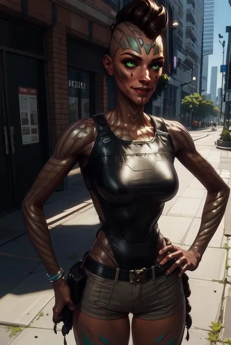 lazarus,brown hair, mohawk, armored scales, green eyes,
cyberpunk, city streets, upper body,smile,
(insanely detailed, masterpiece, best quality),
solo, <lora:lazarus:0.7>